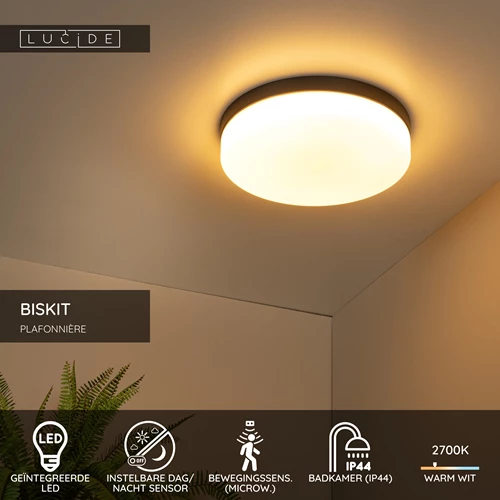 Lucide BISKIT - Plafonnière Badkamer - Ø 34,5 cm - LED - 1x24W 2700K - IP44 - Bewegingssensor - Zwart - USP
